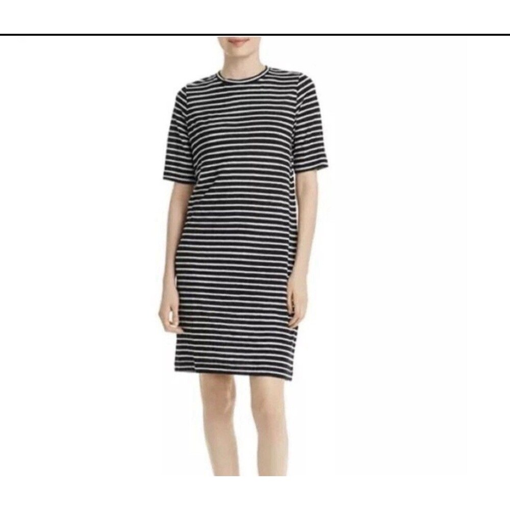 Eileen Fisher 100% Organic Linen Knitted Striped Dress Black White Size Medium